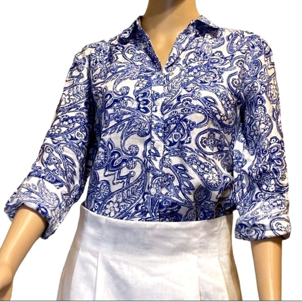 Blue Paisley Print Long Sleeve Shirt Top button up roll-tab sleeves women XS